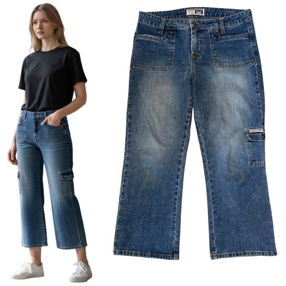 Vintage Y2K Cropped Jeans Low Rise Cargo Retro Flap Pockets - Picture 1 of 11